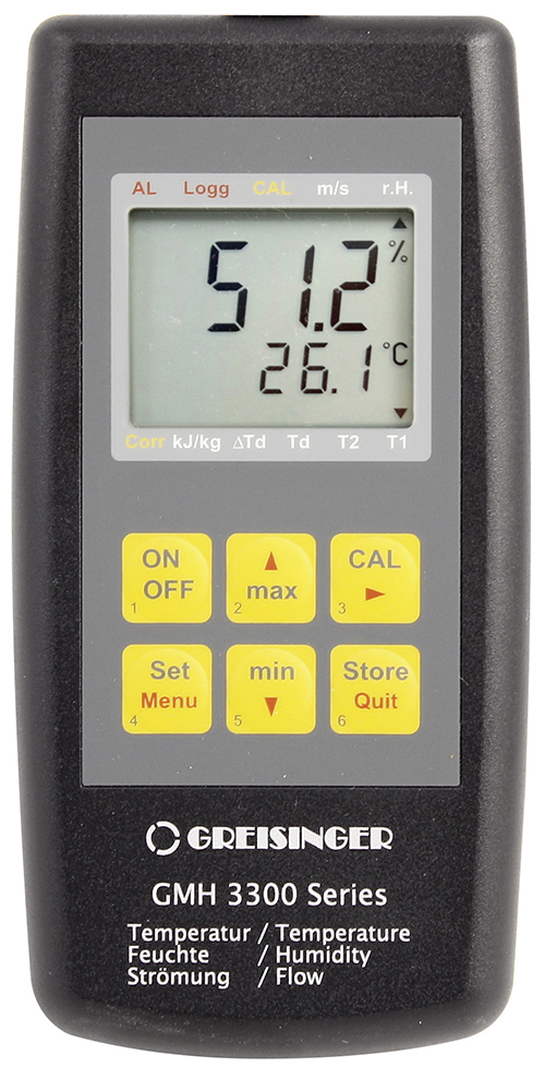 Humidity, temperature and flow rate measuring device with data logger